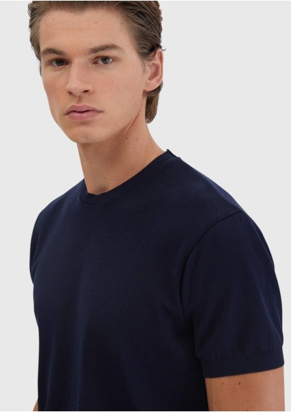 Lacivert Jakarlı Bisiklet Yaka %100 Pamuk T-Shirt fırsatları