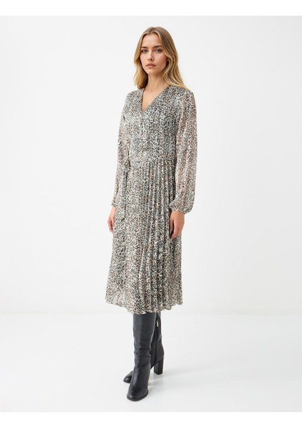 Ekru Kruvaze Yaka Leopar Desenli Şifon Midi Elbise fiyatları