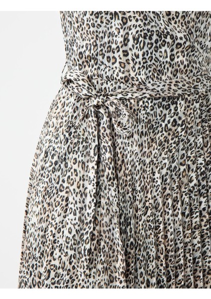 Ekru Kruvaze Yaka Leopar Desenli Şifon Midi Elbise fırsatları