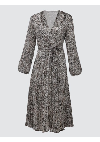 Ekru Kruvaze Yaka Leopar Desenli Şifon Midi Elbise