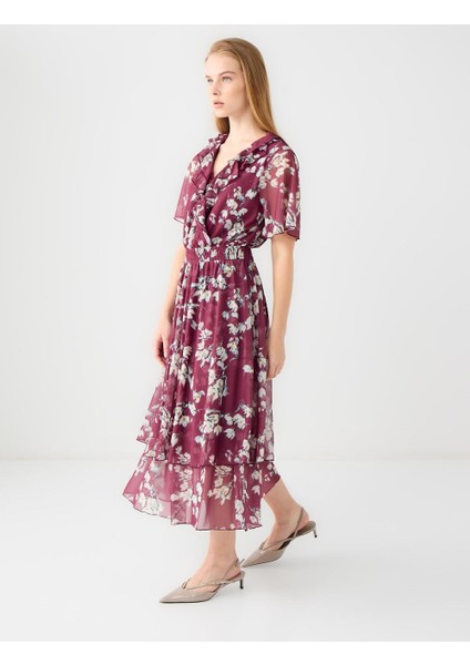 Bordo Kruvaze Yaka Kısa Kollu Çiçek Desenli Midi Elbise fiyatları