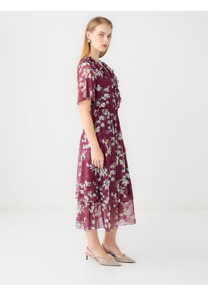 Bordo Kruvaze Yaka Kısa Kollu Çiçek Desenli Midi Elbise modelleri