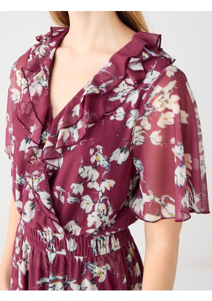 Bordo Kruvaze Yaka Kısa Kollu Çiçek Desenli Midi Elbise fırsatları