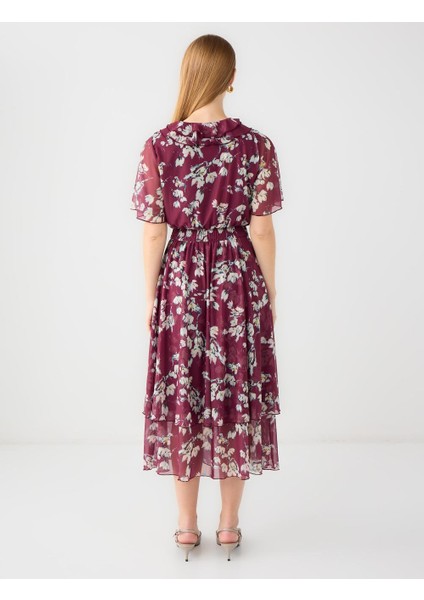 Bordo Kruvaze Yaka Kısa Kollu Çiçek Desenli Midi Elbise indirimleri