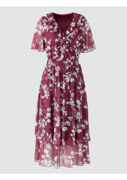 Bordo Kruvaze Yaka Kısa Kollu Çiçek Desenli Midi Elbise