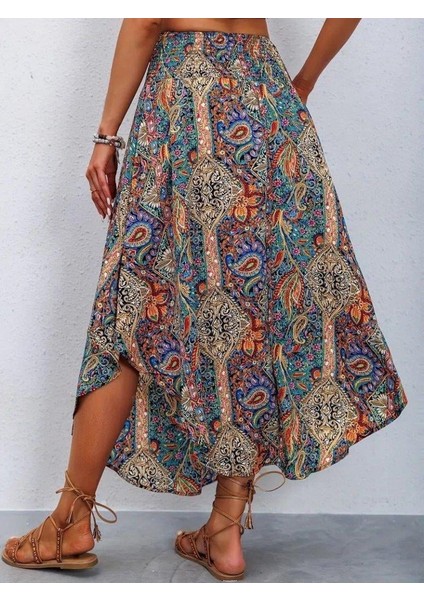 Kadın Beli Lastikli Bağcıklı Asimetrik Kesim Detaylı Desenli Bürümcük Etek fiyatları