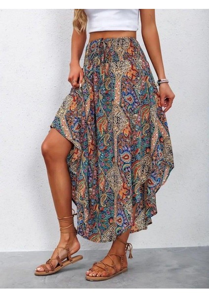 Kadın Beli Lastikli Bağcıklı Asimetrik Kesim Detaylı Desenli Bürümcük Etek modelleri