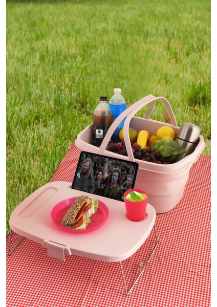 Katlanır Piknik Sepeti Masalı Pembe | 21 Lt Taşınabilir ve Dayanıklı Sepet