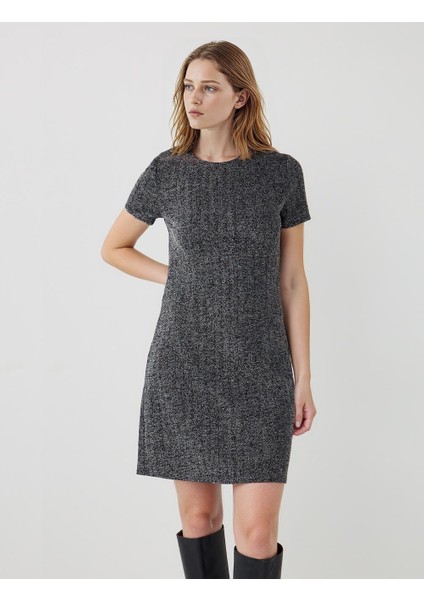Gri Melanj Yuvarlak Yaka Kısa Kollu Örme Elbise