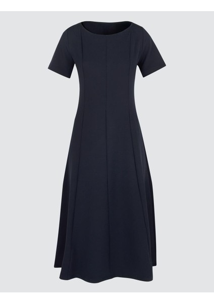 Lacivert Kayık Yaka Kısa Kollu Dokuma Midi Elbise
