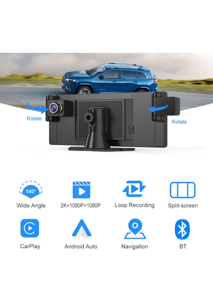 3 Kameralı Carplay & Android Auto Dokunmatik Araç Kameralı Multimedya Ekran – 2k Ön + 1080P Arka/iç Kamera, Gps Navigasyon, Eşzamanlı Bölünmüş Ekran, Sesli Komut & Bluetooth