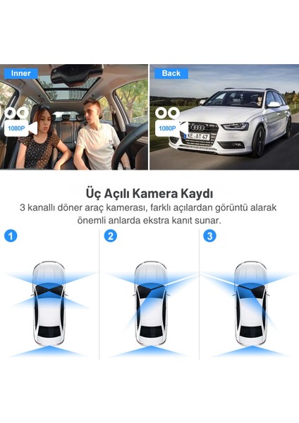 3 Kameralı Carplay & Android Auto Dokunmatik Araç Kameralı Multimedya Ekran – 2k Ön + 1080P Arka/iç Kamera, Gps Navigasyon, Eşzamanlı Bölünmüş Ekran, Sesli Komut & Bluetooth