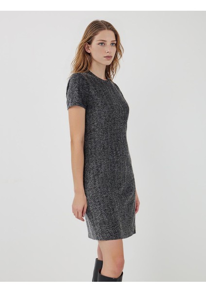 Gri Melanj Yuvarlak Yaka Kısa Kollu Örme Elbise fırsatları