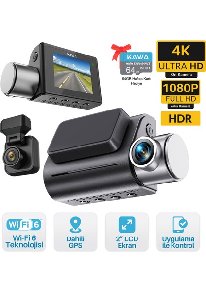 D7 2 Kameralı Ön ve Arka 4K+1080P Hdr Wi-Fi 6 ve Gps'li Araç Kamerası + 64GB Hafıza Kartı