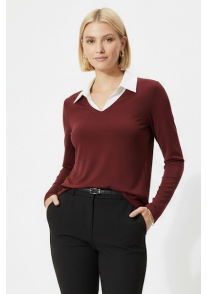 Bordo Yumuşak Dokulu Gömlek Yaka Görünümlü Bluz 8198A