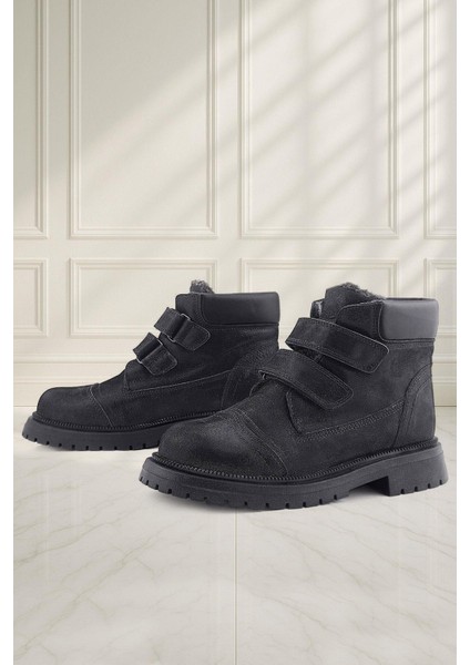 Siyah Simli Cırt Cırtlı Hakiki Deri Kız Çocuk Bot