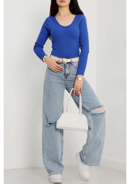 V Yaka Kaşkorse Bluz Saks Mavisi A3699 fırsatları