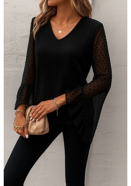 Kadın Uzun Kollu V Yakalı Kolları Ispanyol Detayı Sandy Bluz modelleri