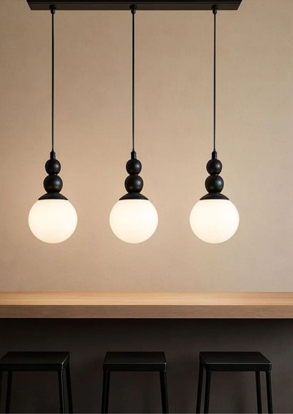 Boliva 3lü Siyah Kasa Beyaz Camlı Sıralı Avize