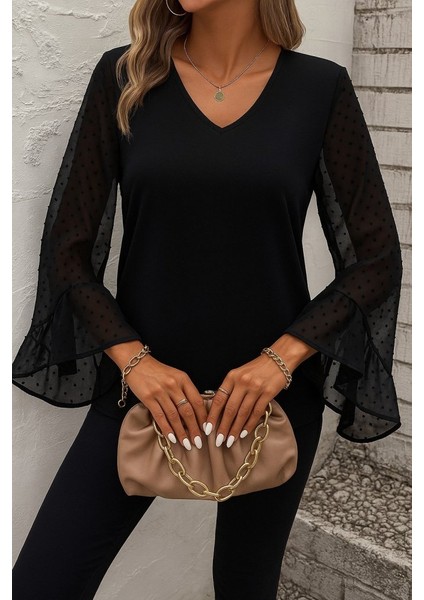 Kadın Uzun Kollu V Yakalı Kolları Ispanyol Detayı Sandy Bluz fiyatları