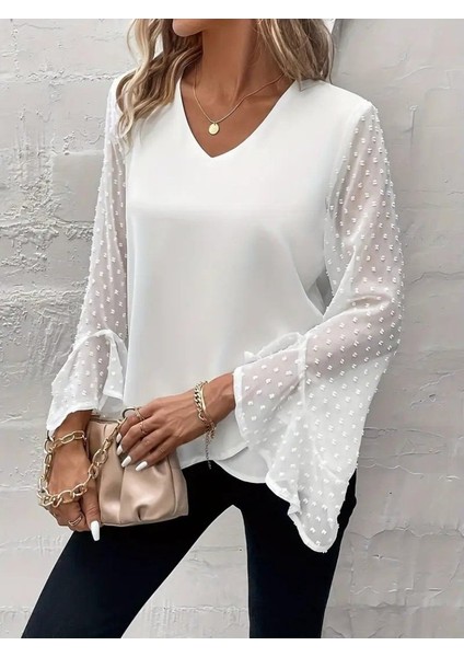 Kadın Uzun Kollu V Yakalı Kolları Ispanyol Detayı Sandy Bluz modelleri