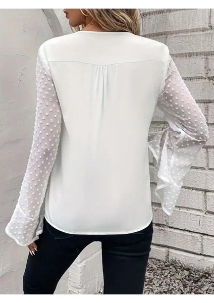 Kadın Uzun Kollu V Yakalı Kolları Ispanyol Detayı Sandy Bluz indirimleri