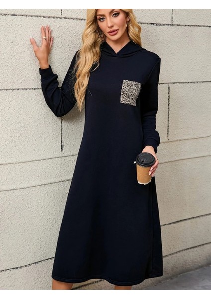 Kadın Uzun Kollu Kapşonlu Cep Detaylı Viskon Iki Iplik Maxi Elbise