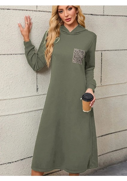 Kadın Uzun Kollu Kapşonlu Cep Detaylı Viskon Iki Iplik Maxi Elbise