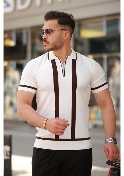 Erkek Fermuar Yakalı Şerit Detaylı Kısa Kollu Tişört