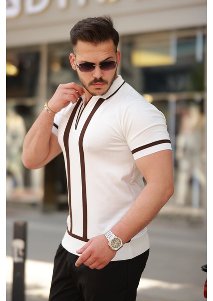 Erkek Fermuar Yakalı Şerit Detaylı Kısa Kollu Tişört fiyatları