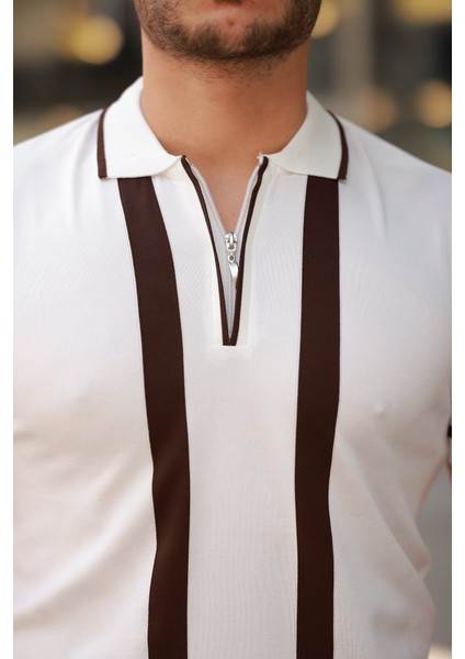 Erkek Fermuar Yakalı Şerit Detaylı Kısa Kollu Tişört modelleri