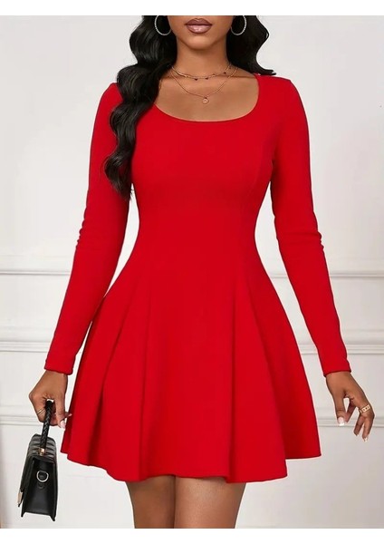 Eyesof Kadın Uzun Kollu Kare Yakalı Mini Ithal Krep Elbise