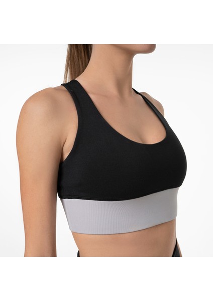 Siyah Gri Yüksek Destekli Sırt Detaylı Kaplı Spor Sütyeni