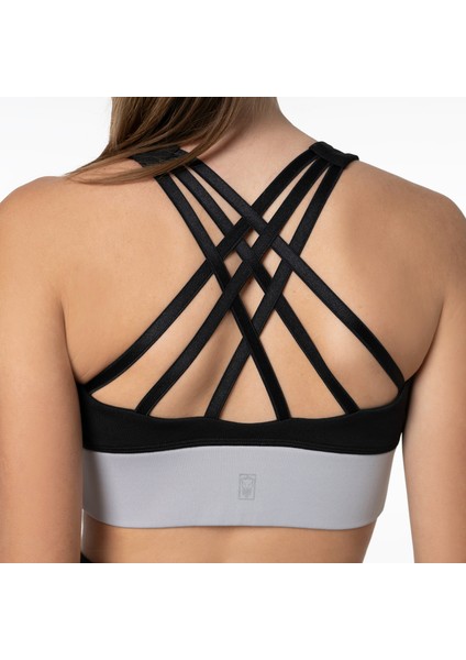 Siyah Gri Yüksek Destekli Sırt Detaylı Kaplı Spor Sütyeni