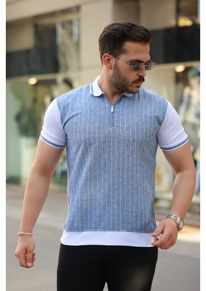 Erkek Fermuar Yakalı Çizgili Kısa Kollu Tişört