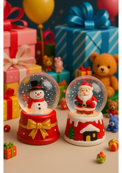 2 Adet LED Işıklı Mini Noel Yılbaşı Kar Küresi 6,5 cm – Noel Baba & Kardan Adam Dekoratif Işıklı Biblo