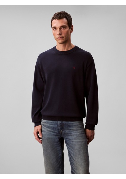 Calvın Kleın Erkek Marka Logo Nakışlı Yuvarlak Yaka Şık Görünüşlü Günlük Kullanıma Uygun Lacivert Kazak LV04RC309G Cef