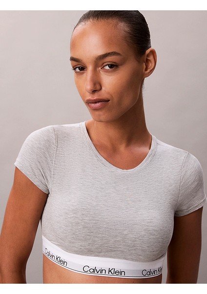 Calvın Kleın Kadın Marka Logolu Beyaz Elastik Bantlı Gri T-Shirt LV00QF8495 P7A