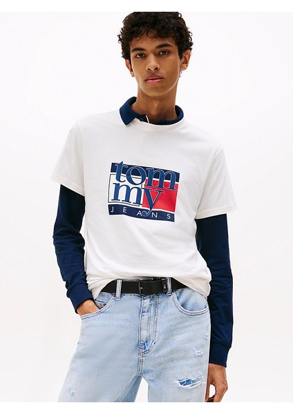 Tommy Hılfıger Erkek Marka Logolu Organik Pamuklu Bisiklet Yakalı Günlük Kullanıma Uygun Bbeyazz T-Shirt DM0DM21977 Ybh
