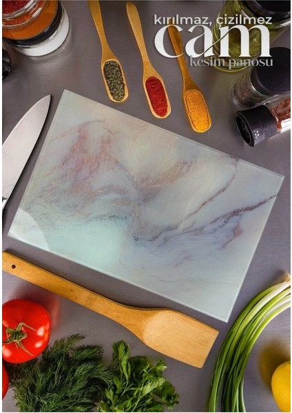 Mermer Görünümlü Çok Renkli Cam Kesme ve Sunum Tahtası
