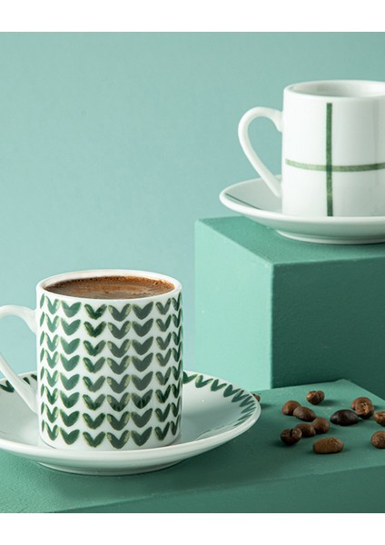 Yeşil 4'lü 80ML Porselen Kahve Fincan Takımı, 2 Kişilik Set