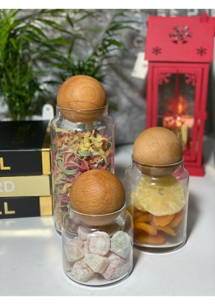 Şık Ahşap Kapaklı Cam Kavanoz Seti 3'lü, Farklı Boyutlarda, Dekoratif ve Kullanışlı