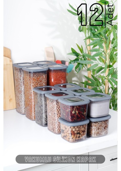 12'li Kare Saklama Kabı Seti, 0,55LT, 1,2lt ve 1,75LT, Antrasit Renk