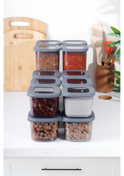 12'li Kare Saklama Kabı Seti, 0,55LT, 1,2lt ve 1,75LT, Antrasit Renk modelleri