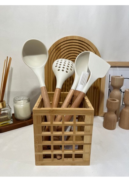 Kare Bambu Organizer, Kaşıklık ve Düzenleyici Kutusu, Kahverengi