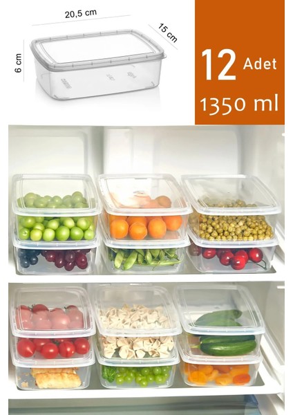 12 Adet 1350 ml Saklama Kabı, Buzluk ve Mikrodalga Uyumlu, Dayanıklı ve Şık Beyaz Renk