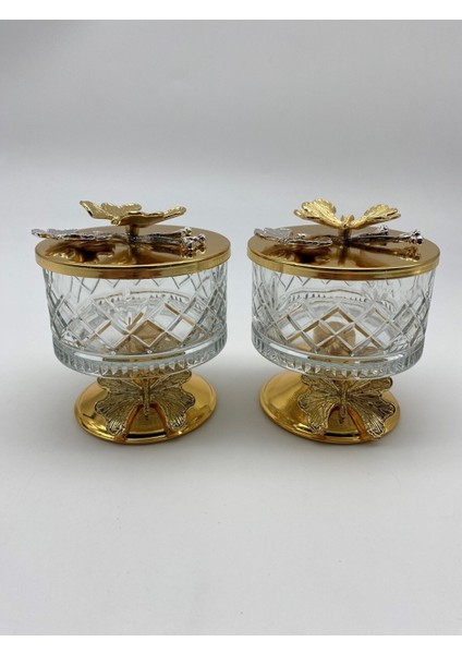 2'li Ayaklı Gold Timeless Cam Magnolia Kasesi, Kelebek Kapaklı Dondurmalık, Şekerlik, Çerezlik