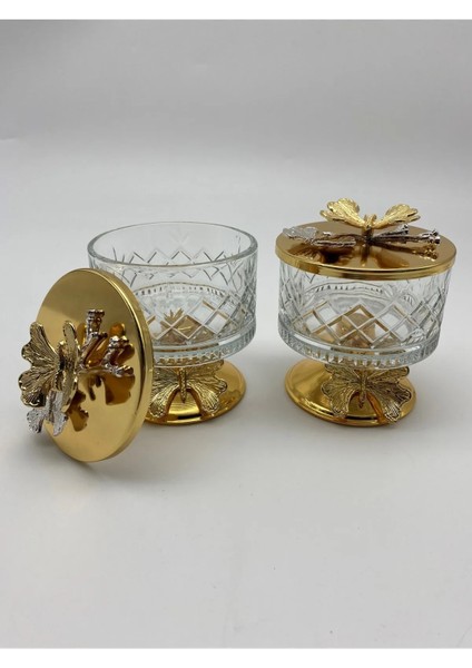 2'li Ayaklı Gold Timeless Cam Magnolia Kasesi, Kelebek Kapaklı Dondurmalık, Şekerlik, Çerezlik modelleri
