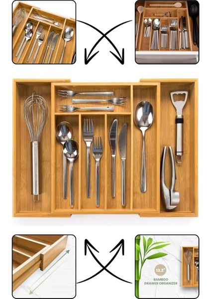Bambu Ayarlanabilir Çekmece Içi Bölmeli Kaşıklık Organizeri, Kahverengi, Ölçü Ayarlı