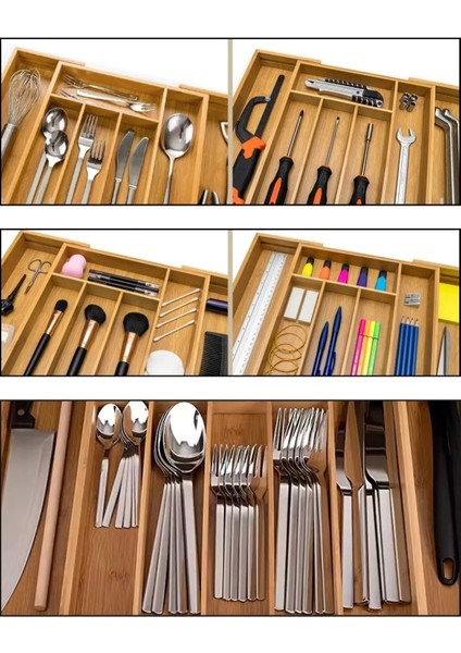 Bambu Ayarlanabilir Çekmece Içi Bölmeli Kaşıklık Organizeri, Kahverengi, Ölçü Ayarlı indirimleri